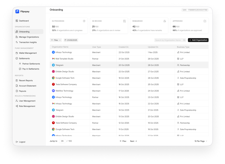 Admin panel interface showing payout management dashboard on tablet
